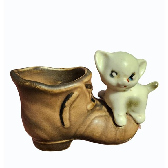Antique Mid Century Enesco Kitten on Boot Mini Planter Toothpick Holder Trinket - Picture 2 of 11